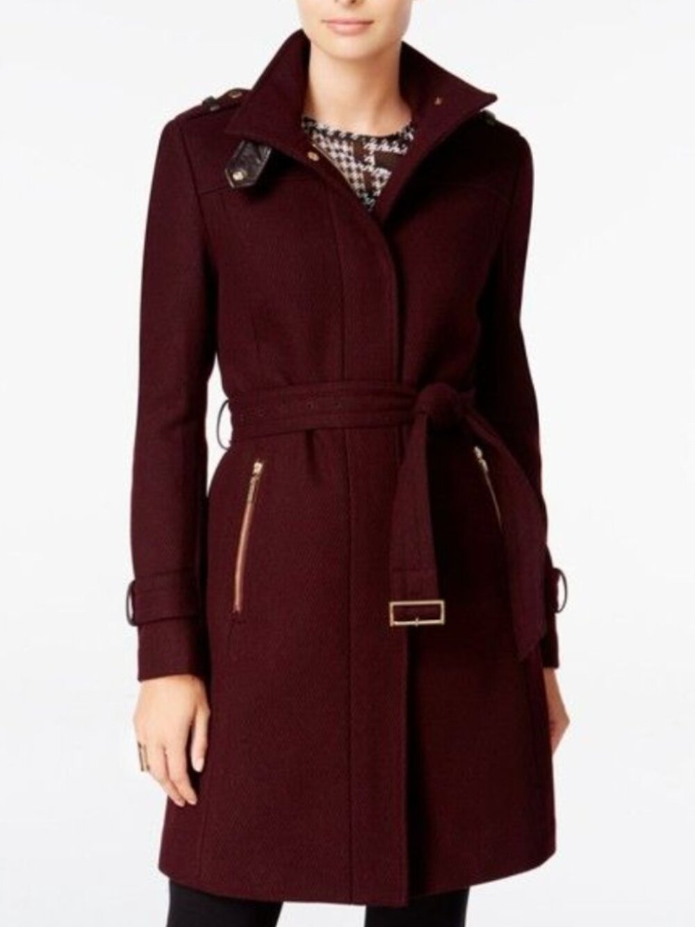Cole Haan Belted Burgundy Trench Coat with Faux Leather Trim
